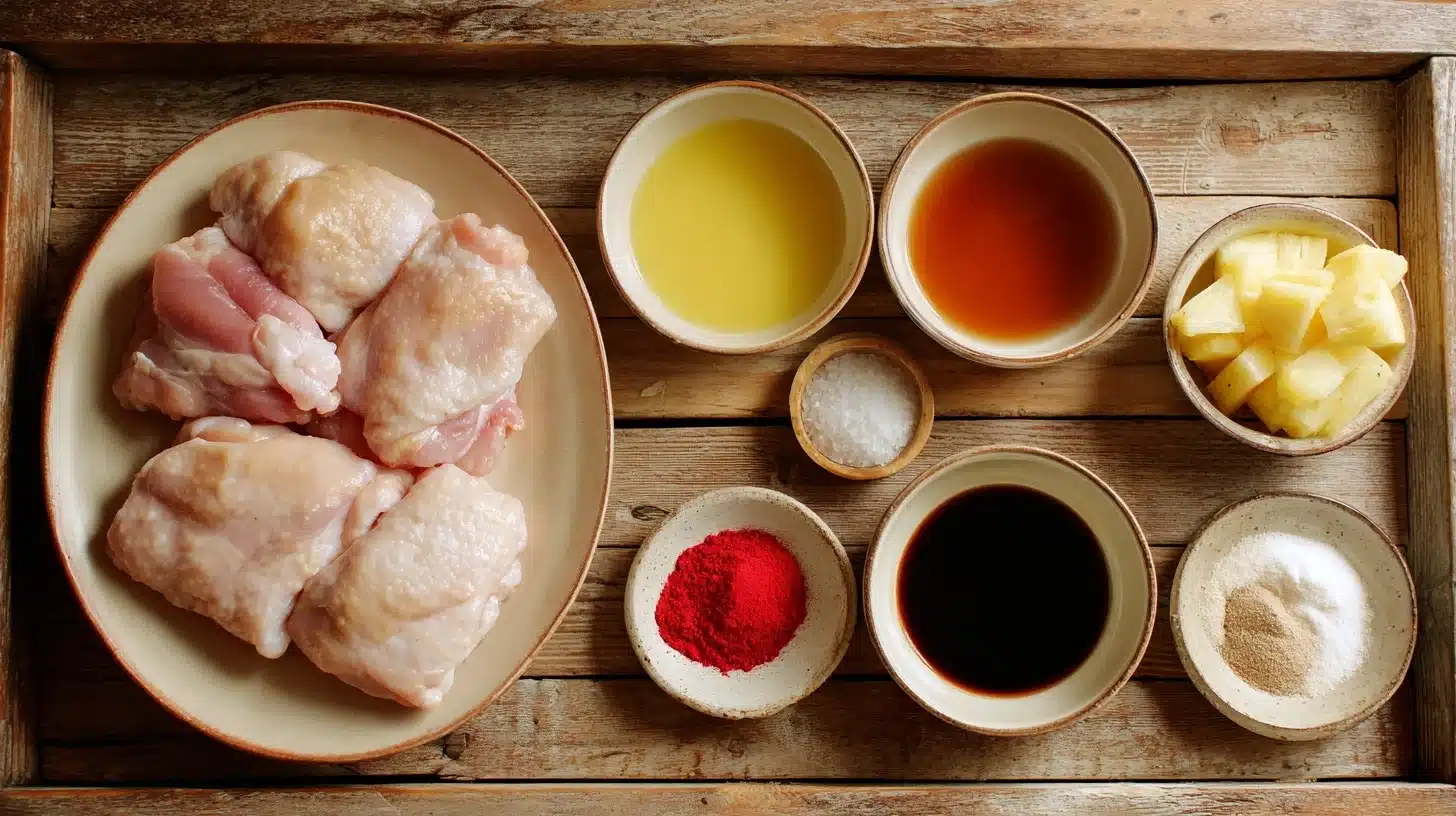Ingredients for Chicken Tocino including chicken thighs, pineapple juice, soy sauce, vinegar, ketchup, garlic, and spices