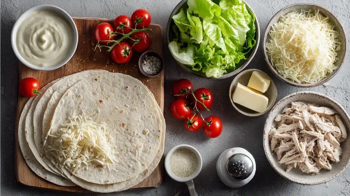 : Flat lay of chicken caesar smash taco ingredients on rustic wood table