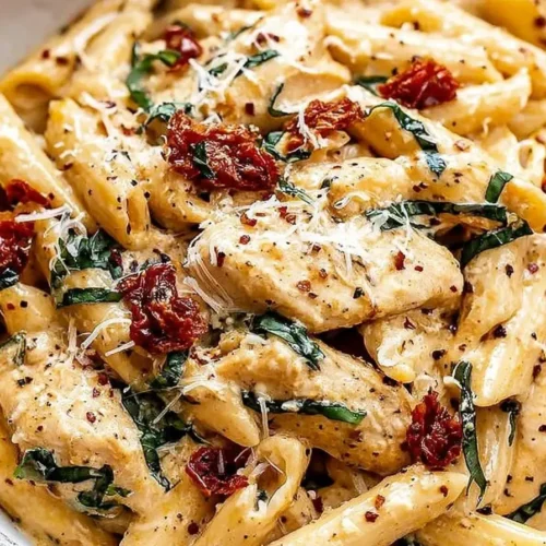 Creamy Marry Me Chicken Pasta garnished with fresh basil on a white plate.
