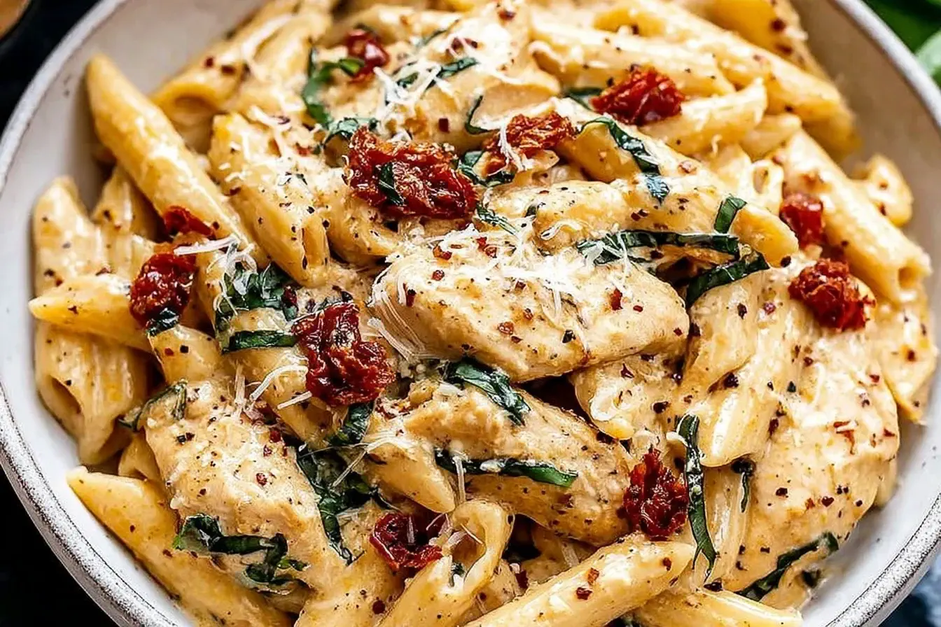 Creamy Marry Me Chicken Pasta garnished with fresh basil on a white plate.