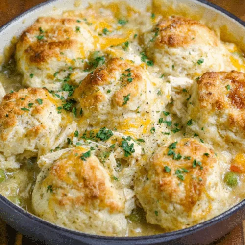 easy chicken pot pie with cheddar biscuits